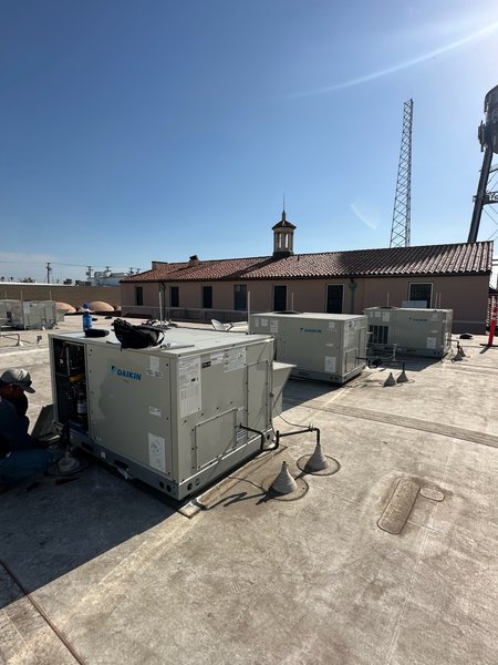 Daikin rooftop packaged units on a commercial roof with a technician working on one of them